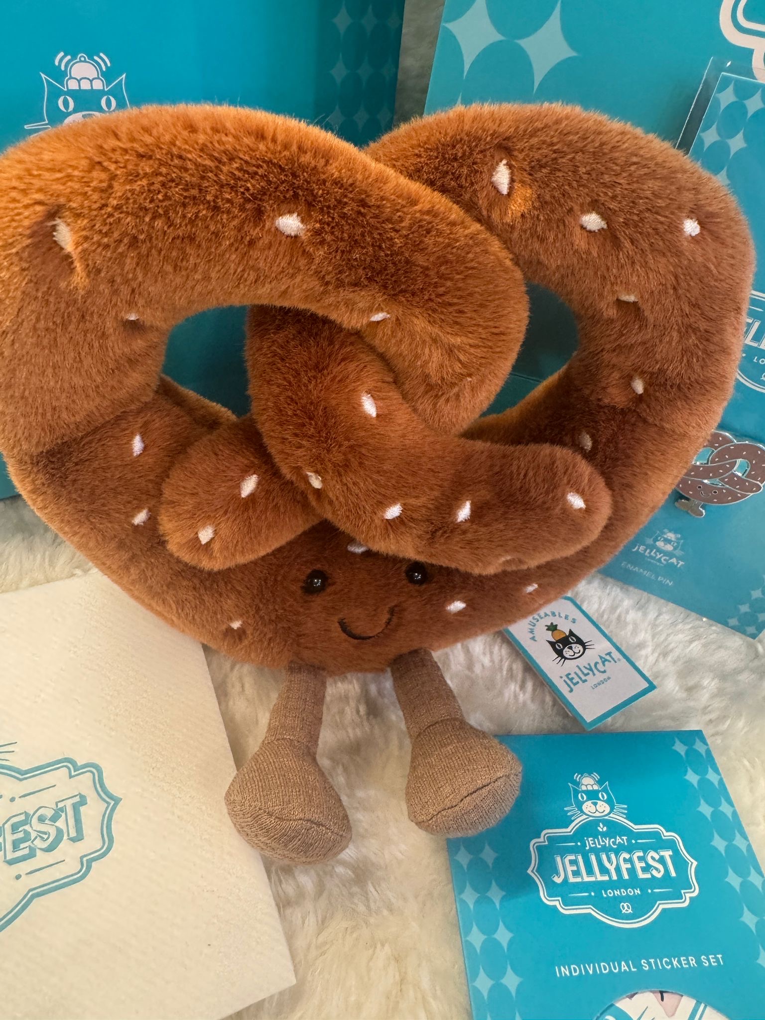 Jellycat Heinrich Pretzel with Jellyfest character pin and stickers