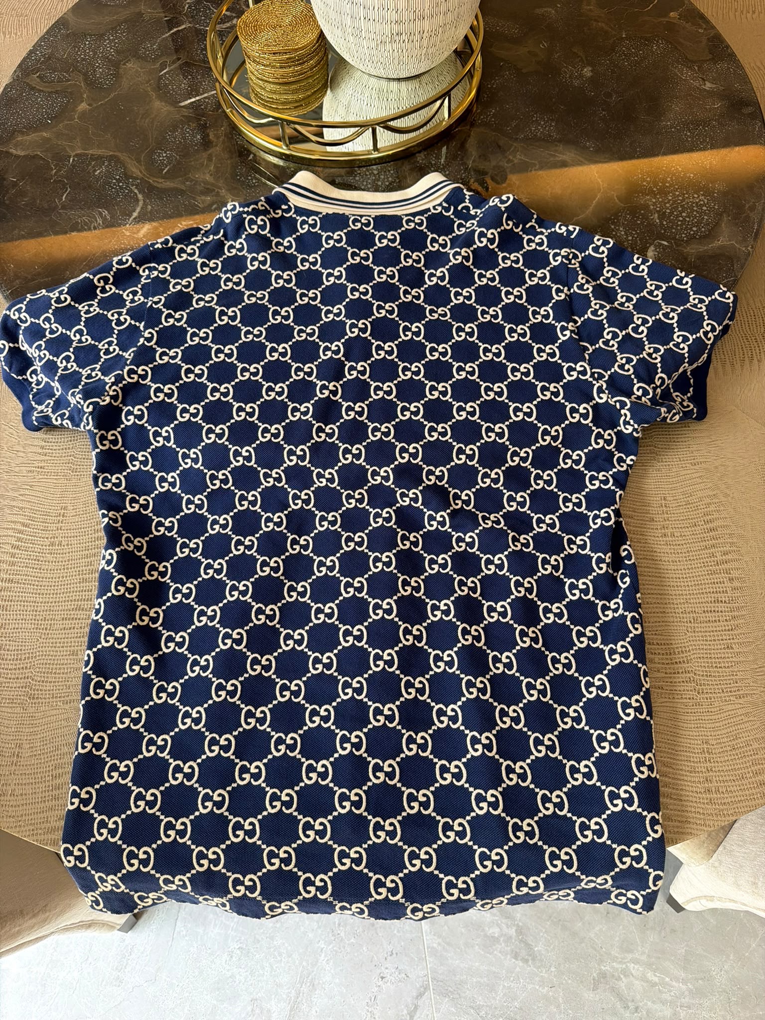 Gucci GG Jacquard Polo Shirt – Navy & Ivory – Size L