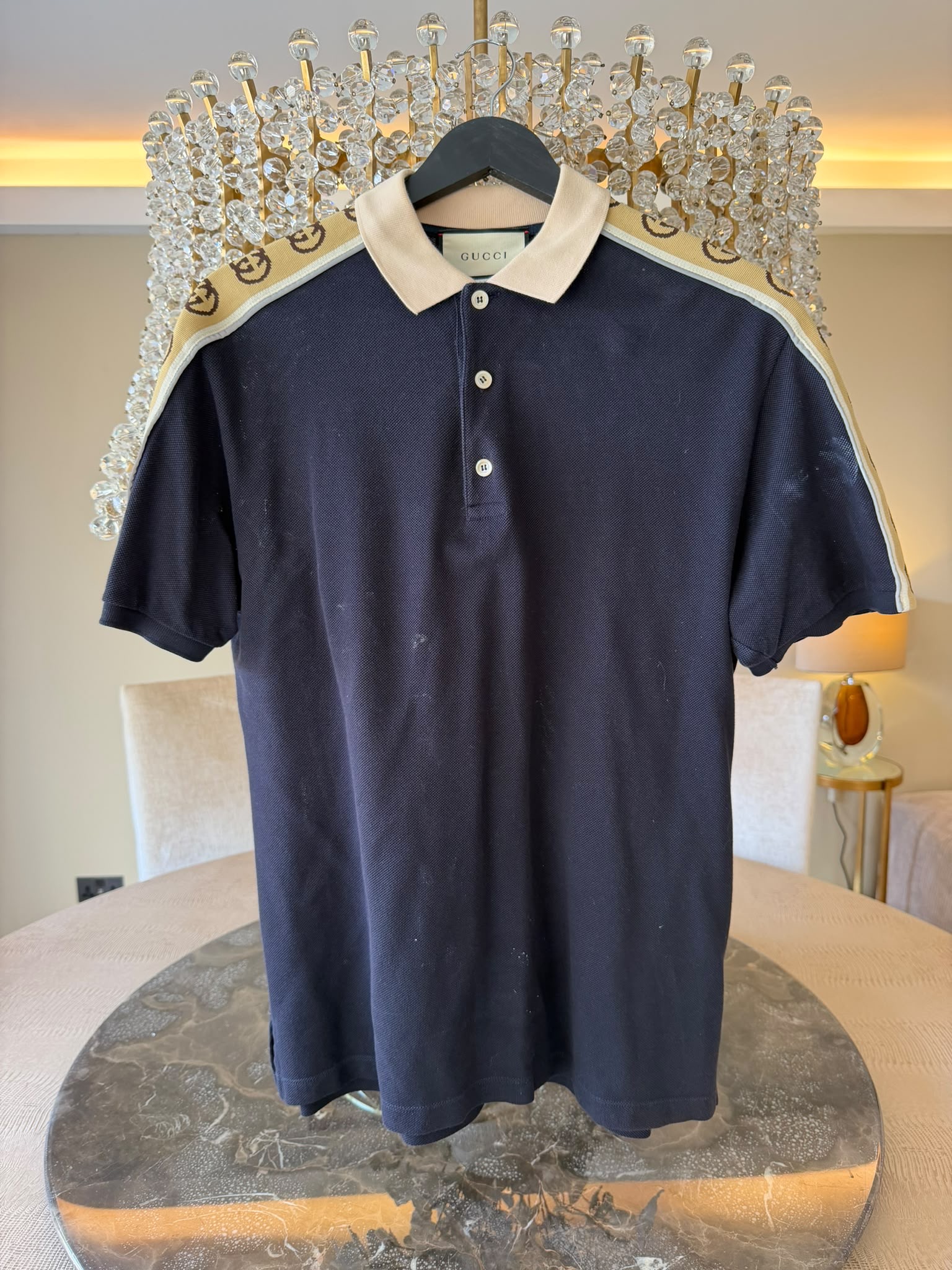 Gucci Interlocking G Stripe Polo Shirt – Navy & Beige – Size L