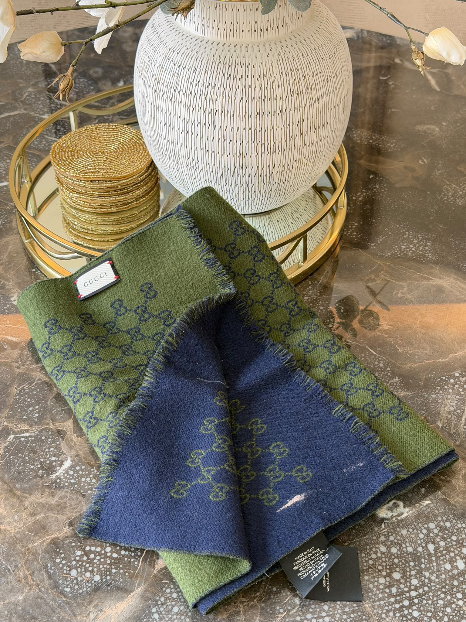 Gucci GG Jacquard Reversible Wool Scarf – Navy & Green – 33 x 175cm