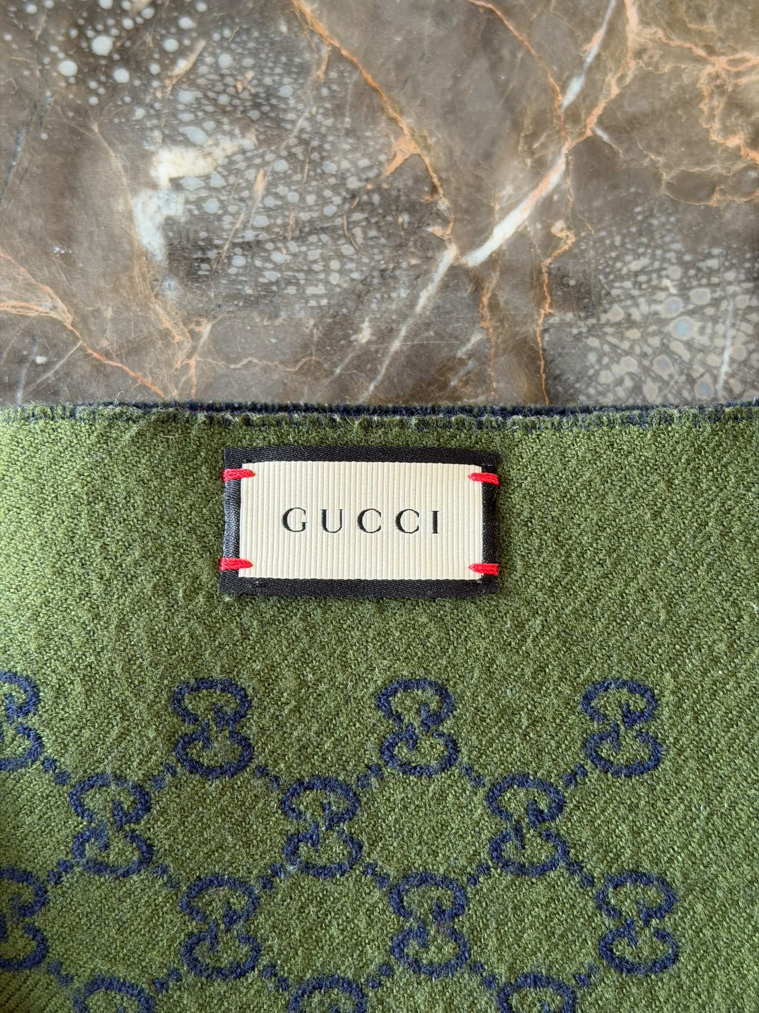 Gucci green and navy GG monogram scarf
