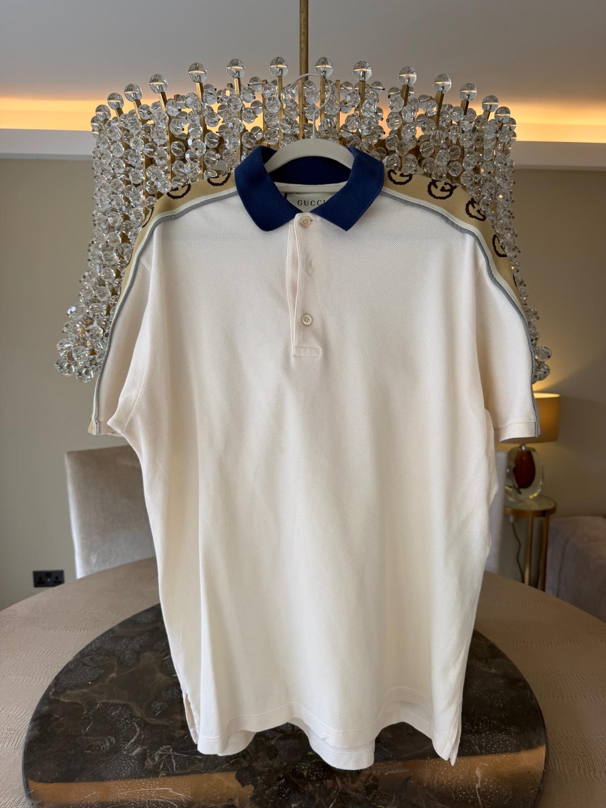 Gucci Polo with Interlocking G Stripe – Off White & Navy – Size L
