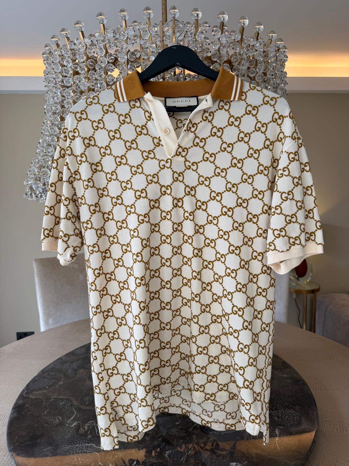 Gucci GG-Embroidered Cotton-Blend Piqué Polo – Ivory & Camel – Size L