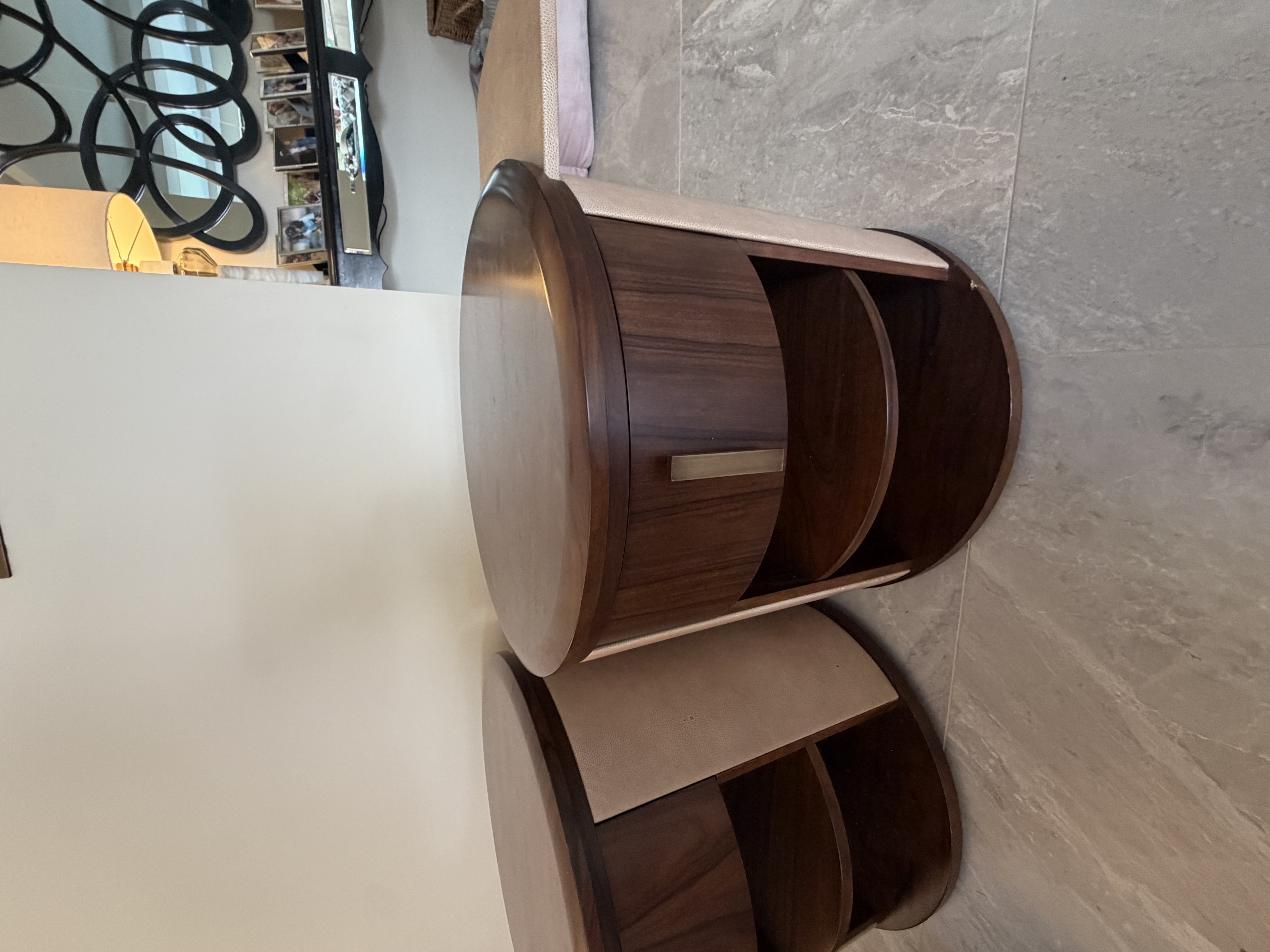 Smania Argo Round Bedside Tables – Wood & Taupe Leather – Pair