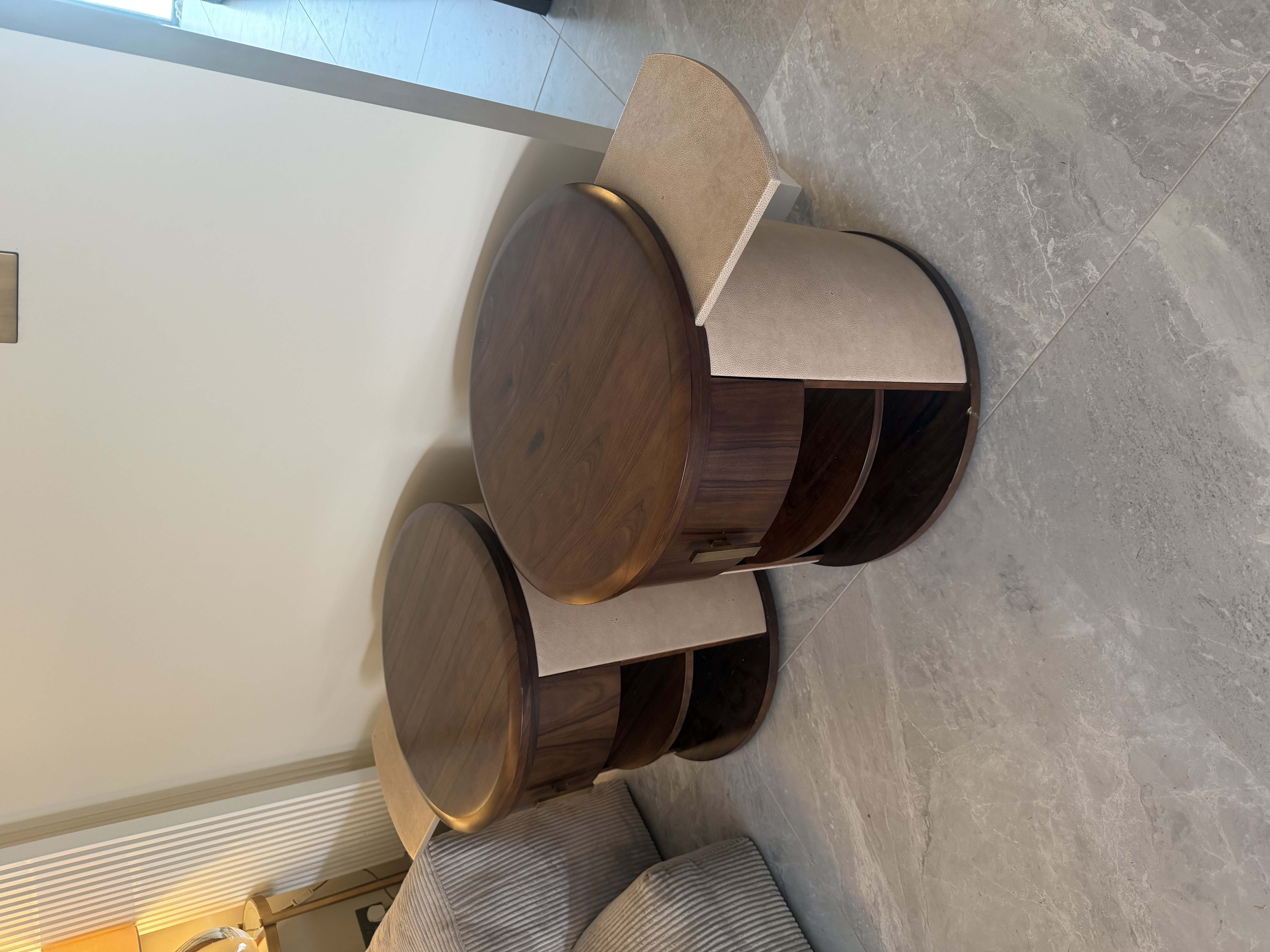 Smania Argo bedside table showing wood top and brushed metal handle