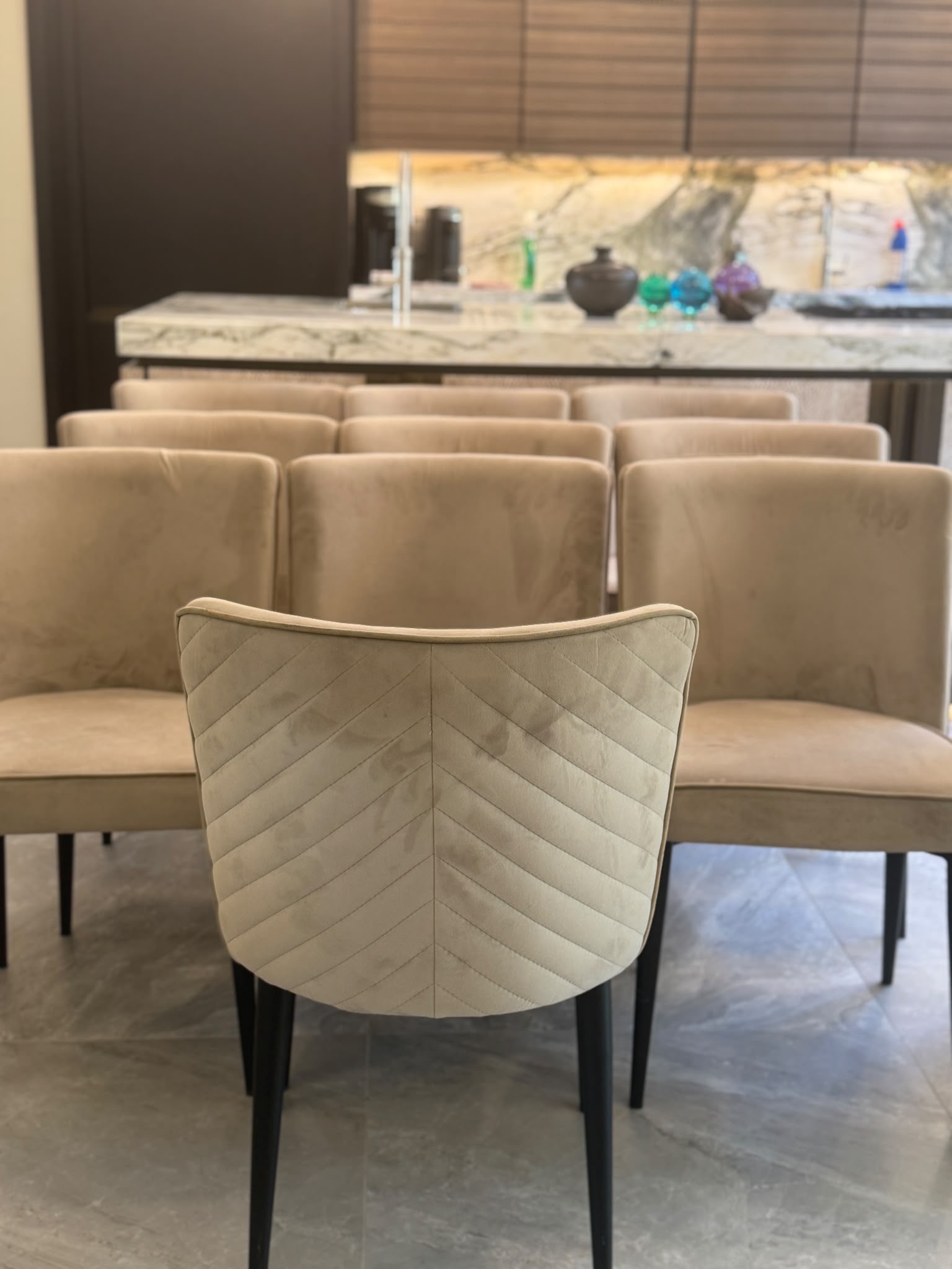 Eight contemporary champagne velvet dining chairs by Danetti