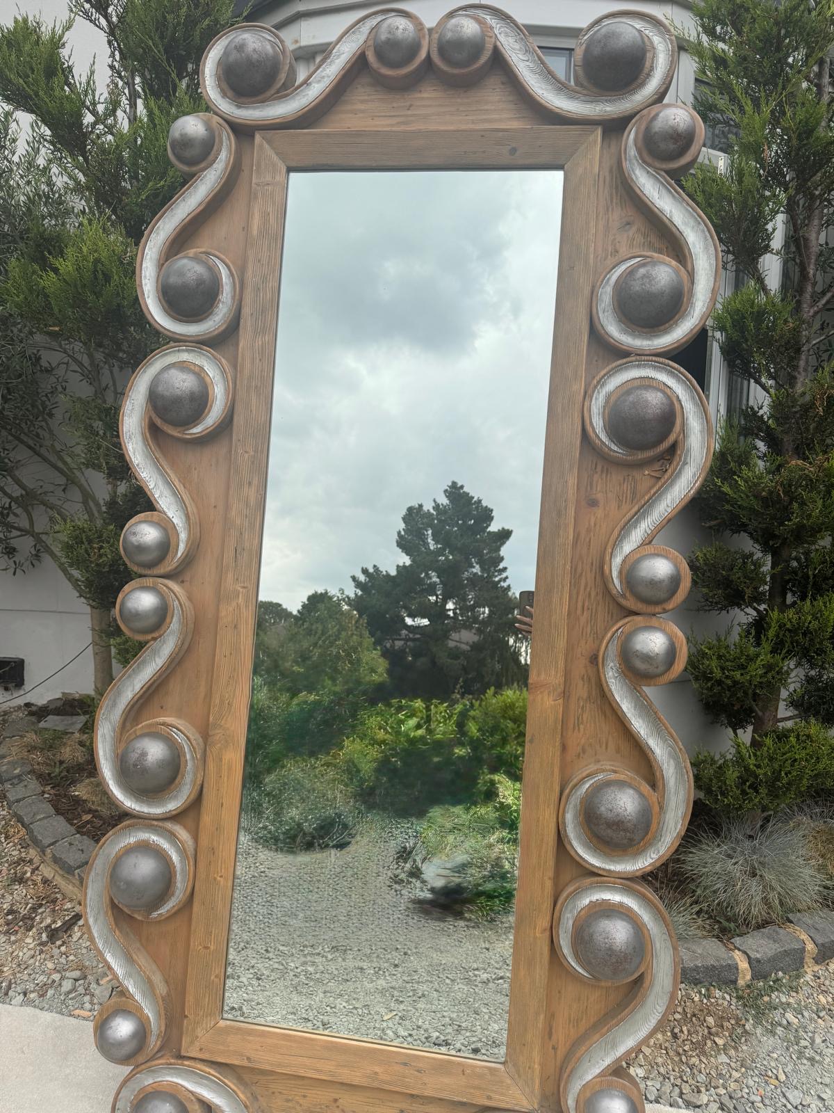 Unknown Large Sculptural Timber & Silver-Tone Statement Mirror