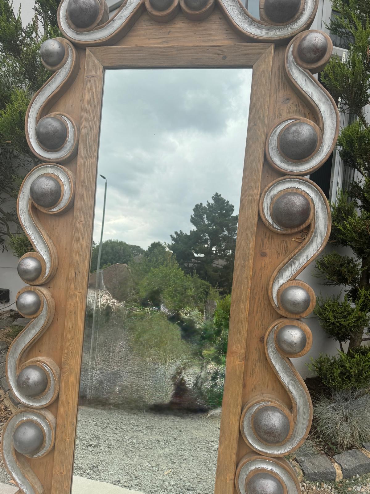 Unknown Large Sculptural Timber & Silver-Tone Statement Mirror — photograph 3