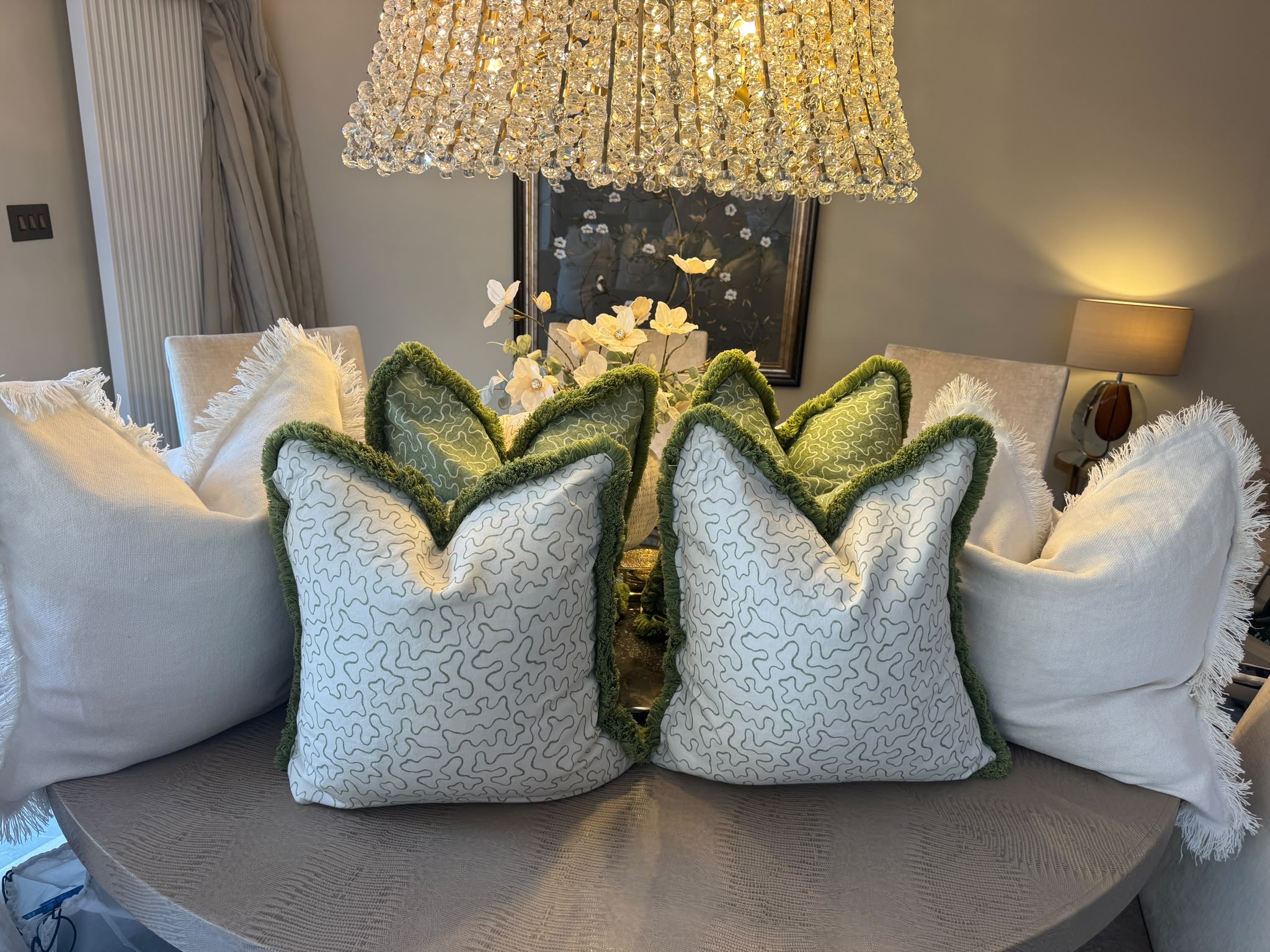 OKA Set of 6 OKA XL Green & Ivory Fringed Cushions