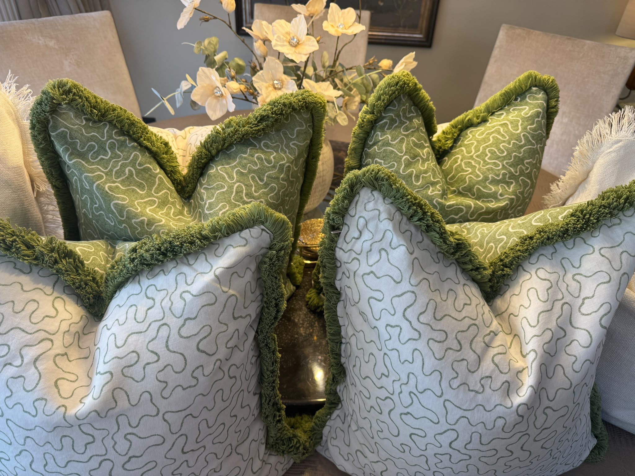 OKA Set of 6 OKA XL Green & Ivory Fringed Cushions — photograph 2