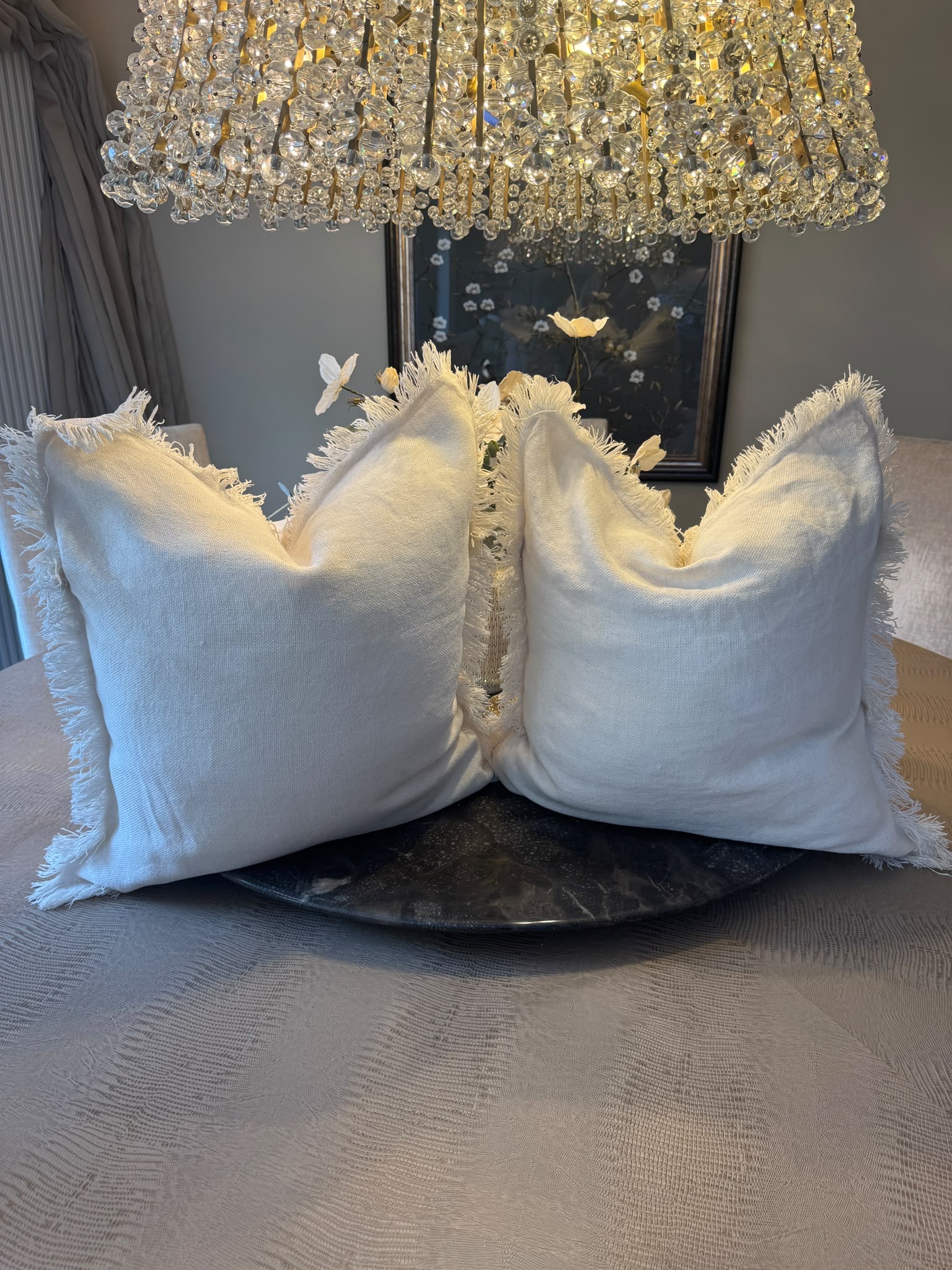 OKA Set of 6 OKA XL Green & Ivory Fringed Cushions — photograph 3