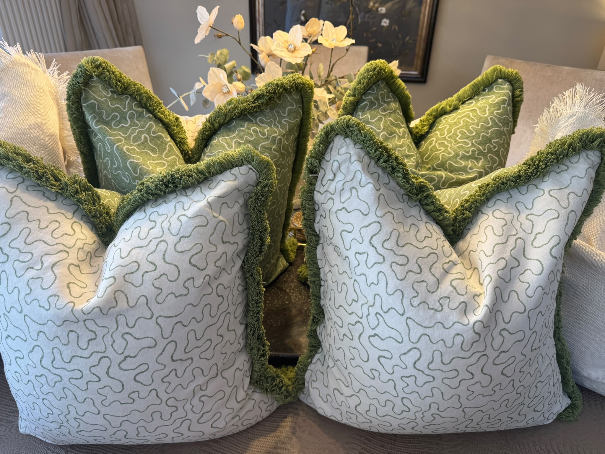 OKA Set of 6 OKA XL Green & Ivory Fringed Cushions — photograph 4