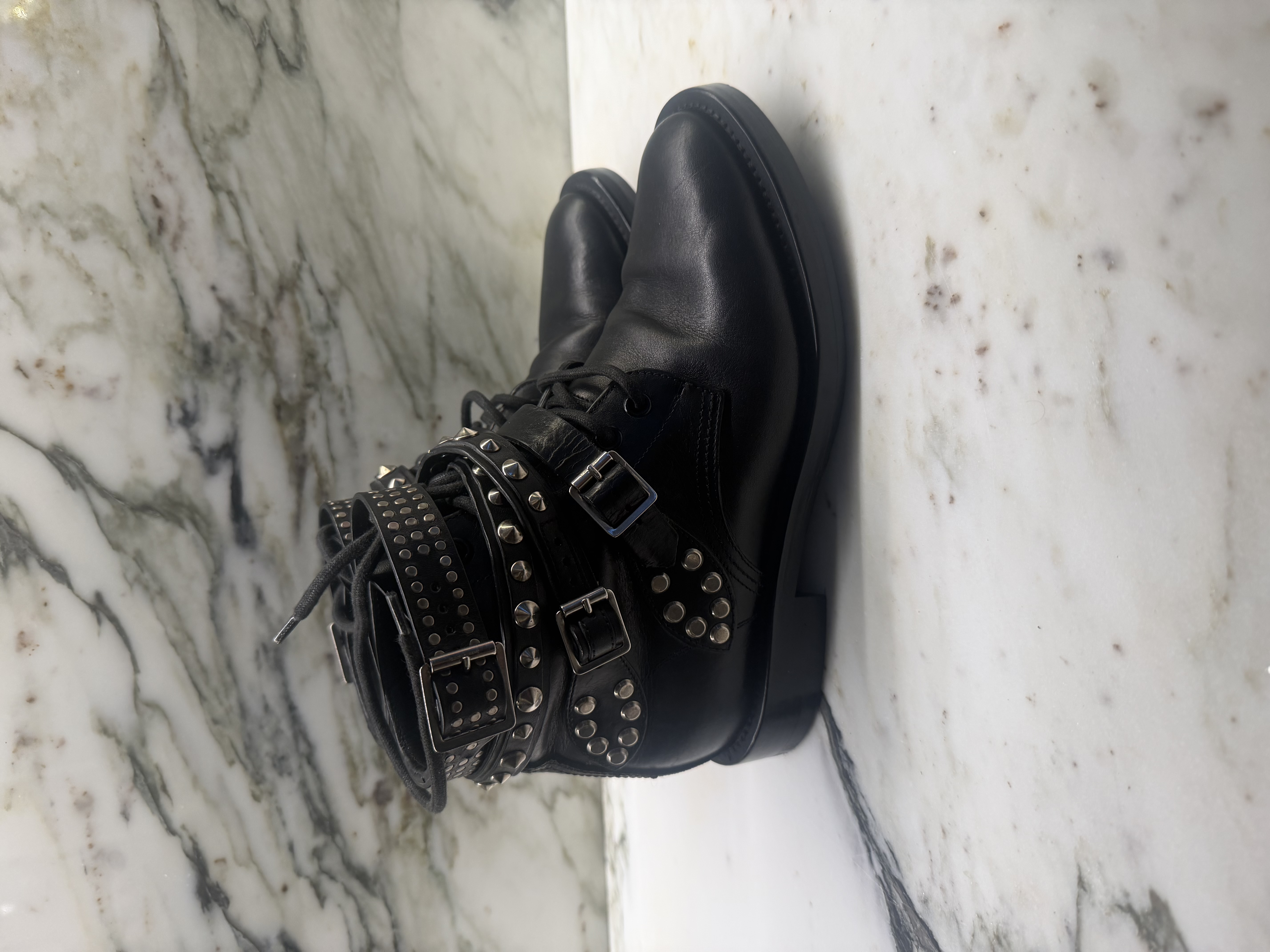 Saint Laurent Saint Laurent Paris Black Leather Studded Buckle Ankle Boots EU 36.5 — photograph 2