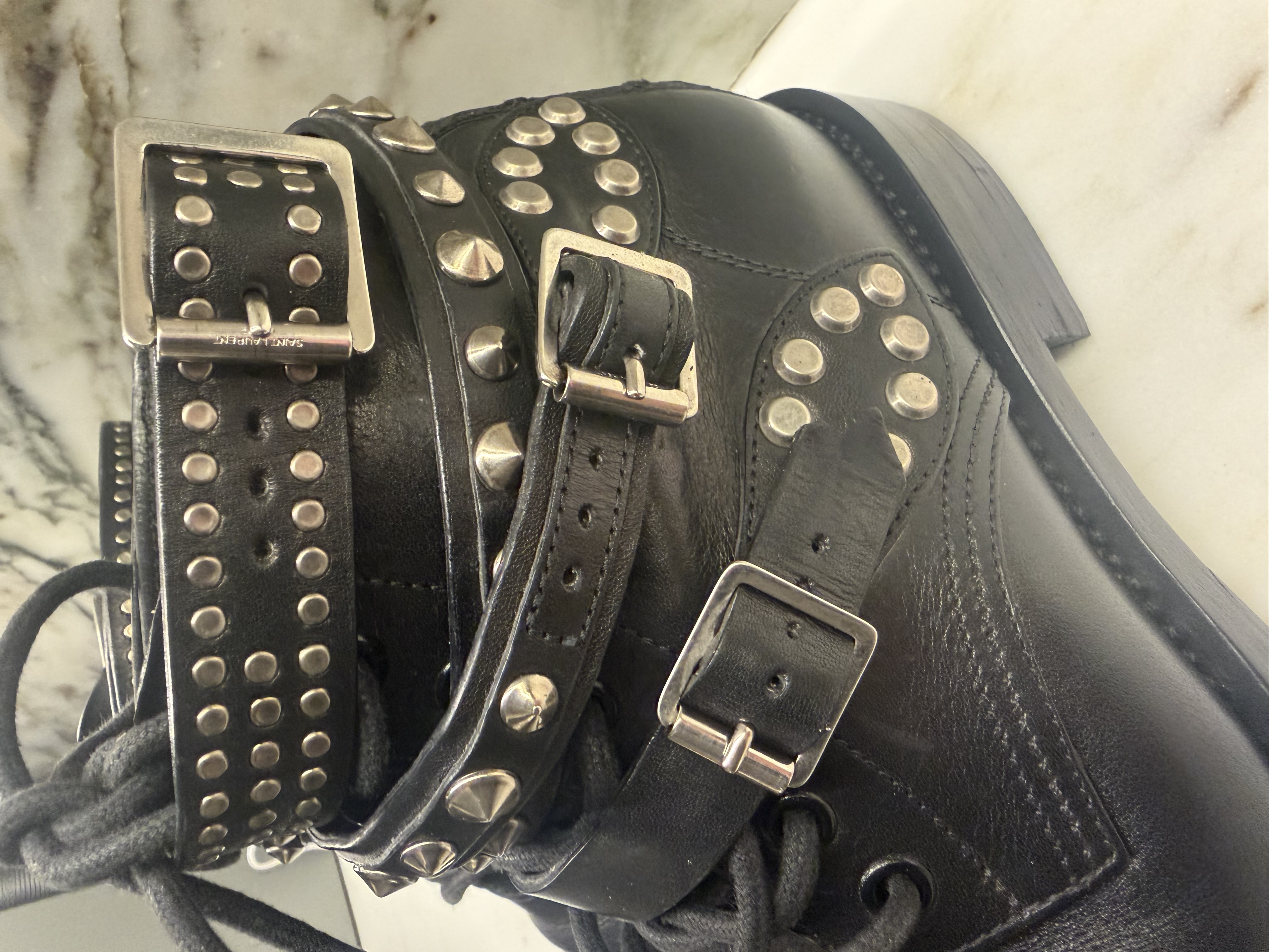 Saint Laurent Saint Laurent Paris Black Leather Studded Buckle Ankle Boots EU 36.5 — photograph 11